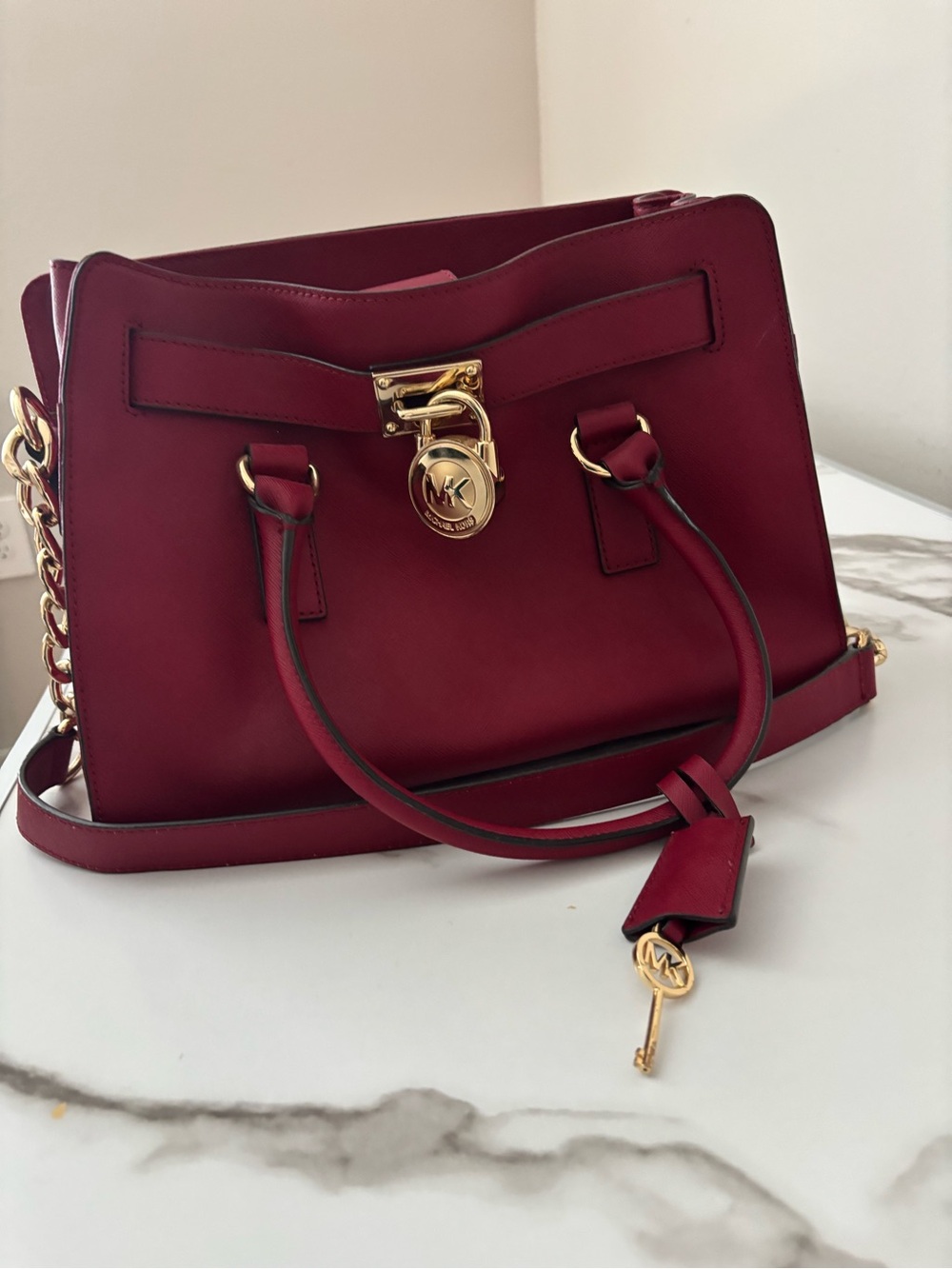Michael Kors Hamilton Saffiano Leather Satchel Cherry Red with Gold-Tone Lock - Picture 4 of 9